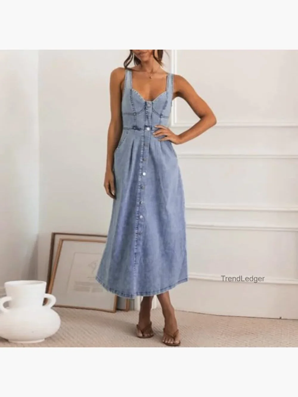 Sleeveless Button Down Slim Fit Midi Jean Dress A-Line - Picture 5 of 7